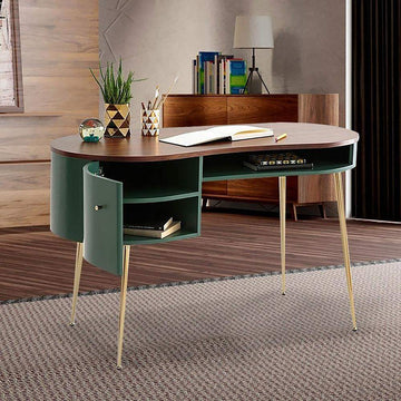 Mid Century Modern Curved Office Desk Computer Desk with Shelf & Storage-Desks,Furniture,Office Furniture